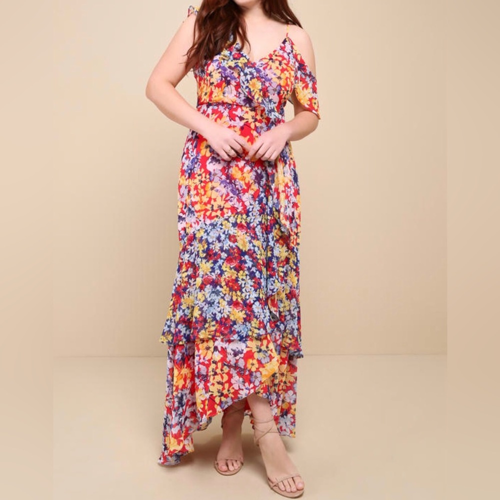 Lulus Radiant Ruby Red Floral Print Maxi Dress